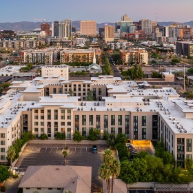 Arts District Apartments Aerial view of Arts District Apartment community and parking lot located in Phoenix, AZ