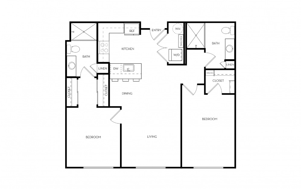 Kusama - 2 bedroom floorplan layout with 2 baths and 985 square feet. (2D)