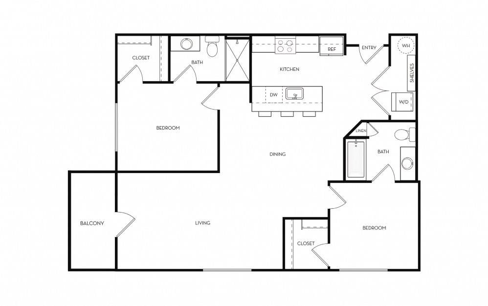Rodin - 2 bedroom floorplan layout with 2 baths and 1020 square feet. (2D)