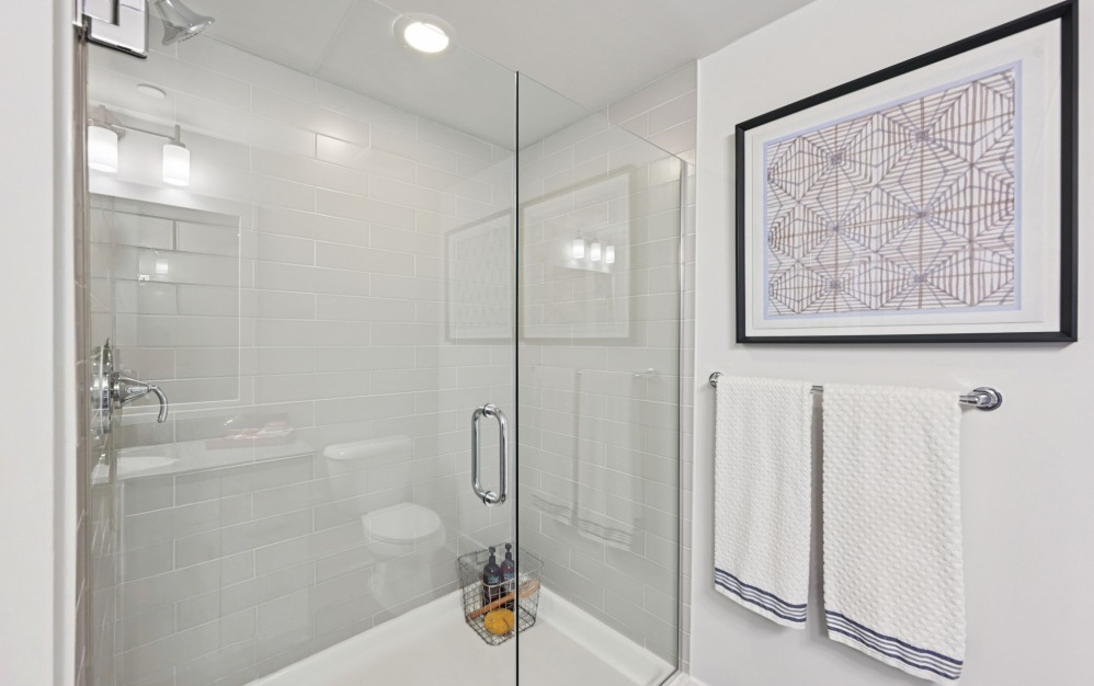 Glass shower doors inside apartment bathrooms at Arts District