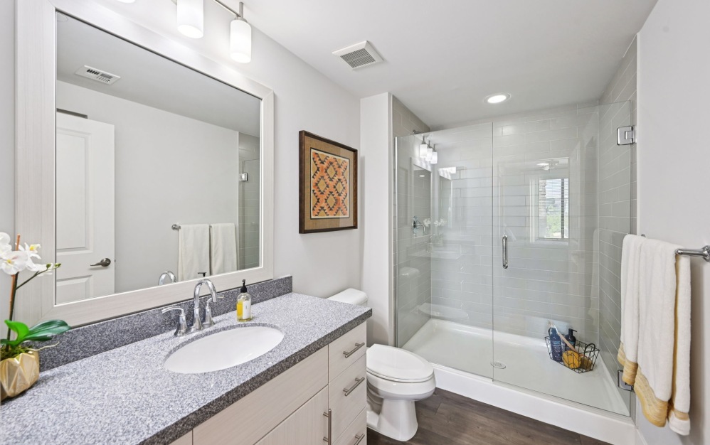 Modern apartment bathroom with ample counterspace at Arts District